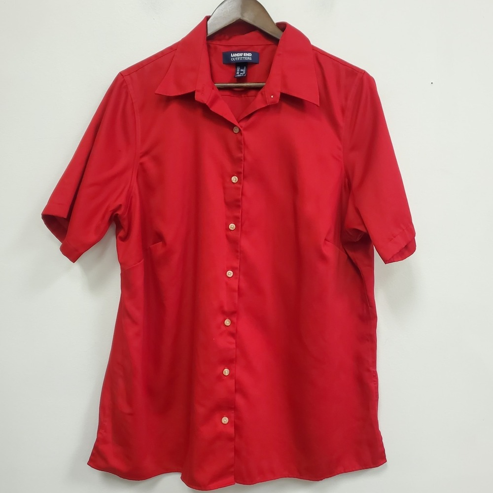 Lands End Womens Short Sleeve Button Front Shirt Size 1X Red Cotton Lightweight